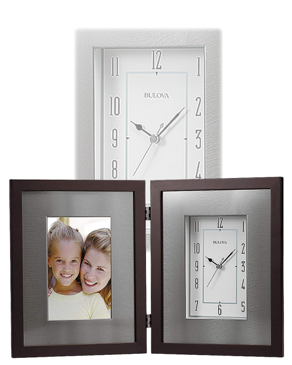 Bulova Winfield Aluminum & Wood Picture Frame Desk Clock